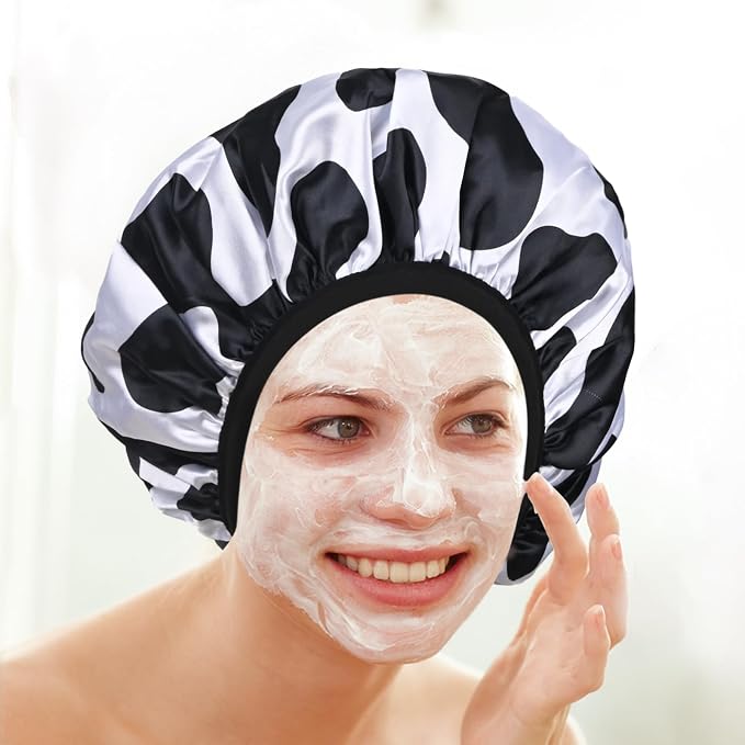 Black Cow Print Satin Shower Cap, Three-Layer Terry Cloth Lined, - Image 5