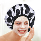 Black Cow Print Satin Shower Cap, Three-Layer Terry Cloth Lined, - Image 5