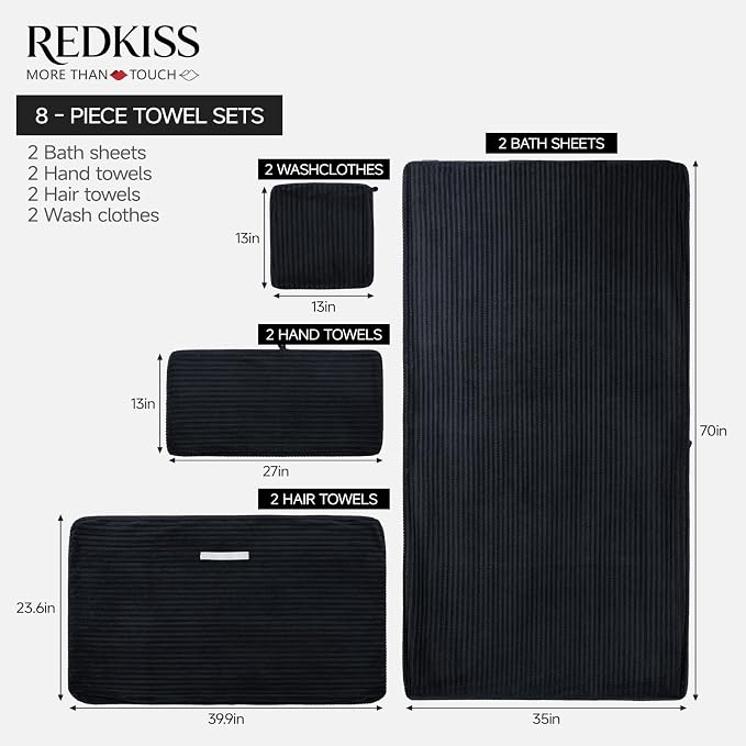 REDKISS Black Bath Towels Set 8 Piece - Image 2