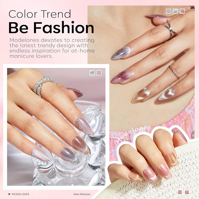 modelones Gel Nail Polish Set, 6 Colors Nude Pink Silver 9D Glassy Cat Eye - Image 4