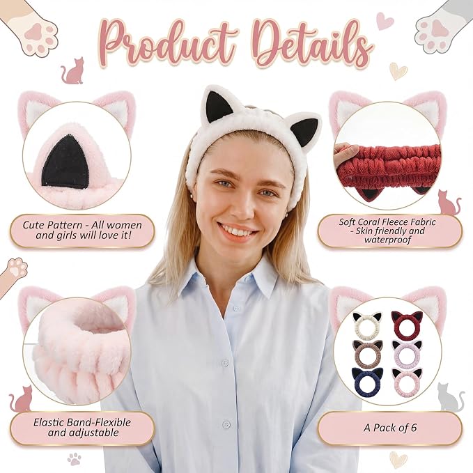 6-Pack Cat Ears Headbands Soft Coral Fleece Hair Band - Image 3