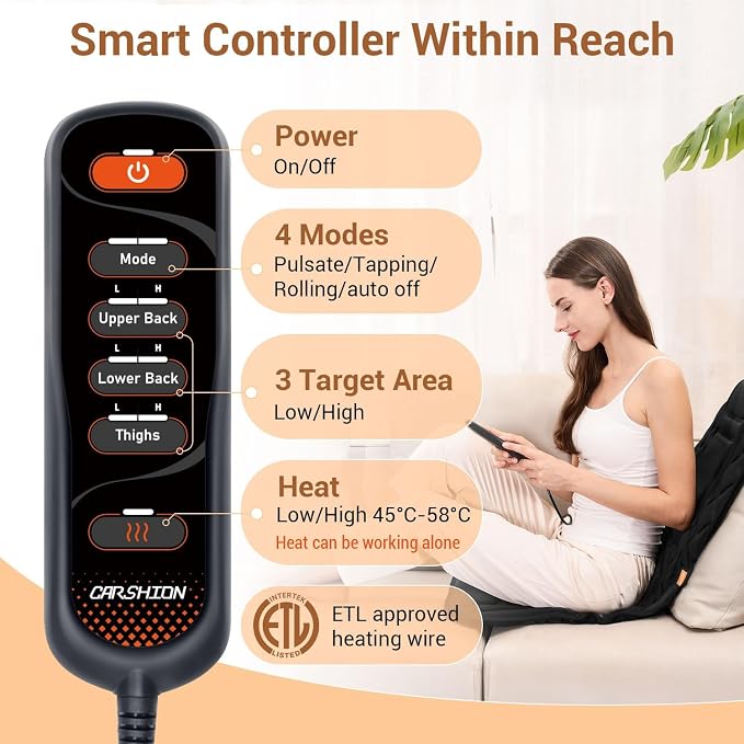 CARSHION Back Massager with Heat, Heated Seat Cover Cushion with 5 Vibrating - Image 7