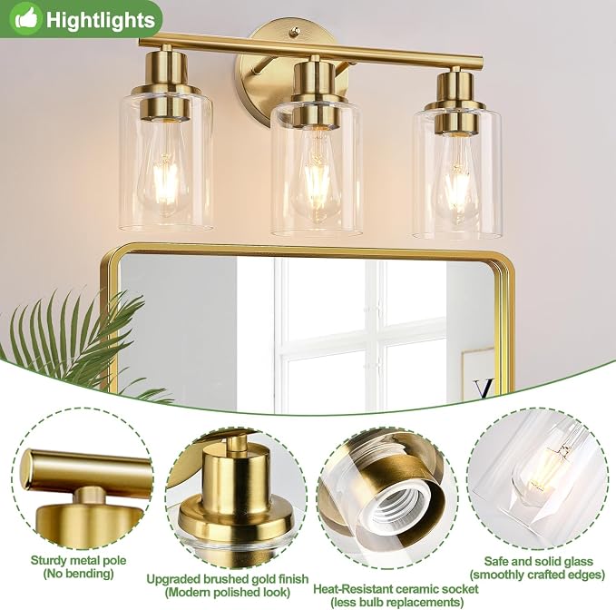 3-Light Gold Bathroom Light Fixtures, Modern Bathroom Vanity Light - Image 4