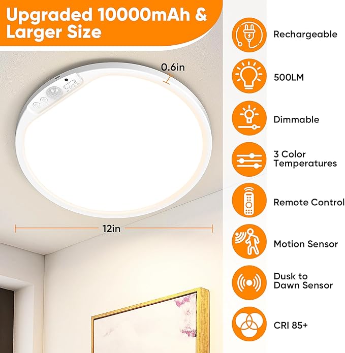 2-Pack 12" Larger 10000mAh Rechargeable Motion Sensor Ceiling Light - Image 2