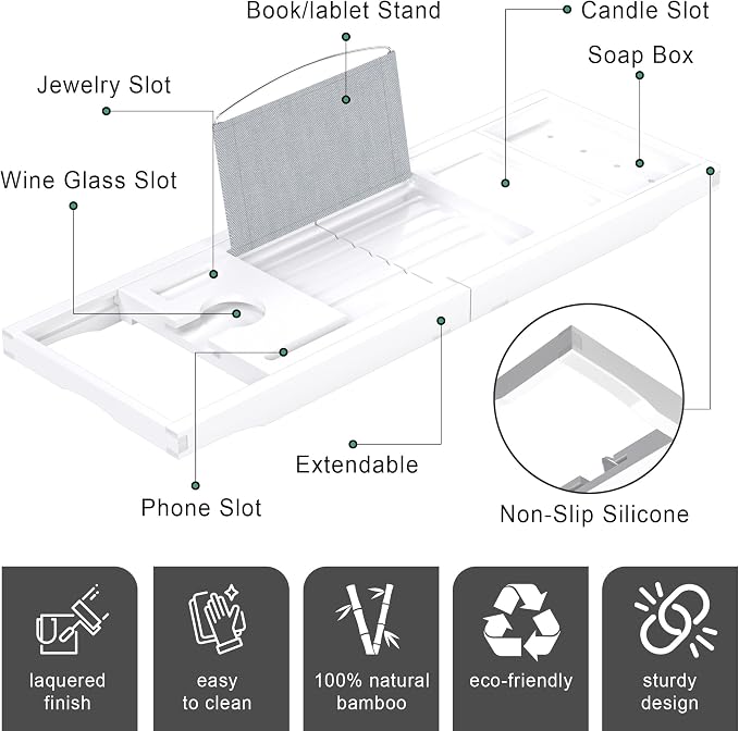 Foldable Bathtub Caddy Tray for Tub, Bamboo Expandable Bath Table Trays - Image 5