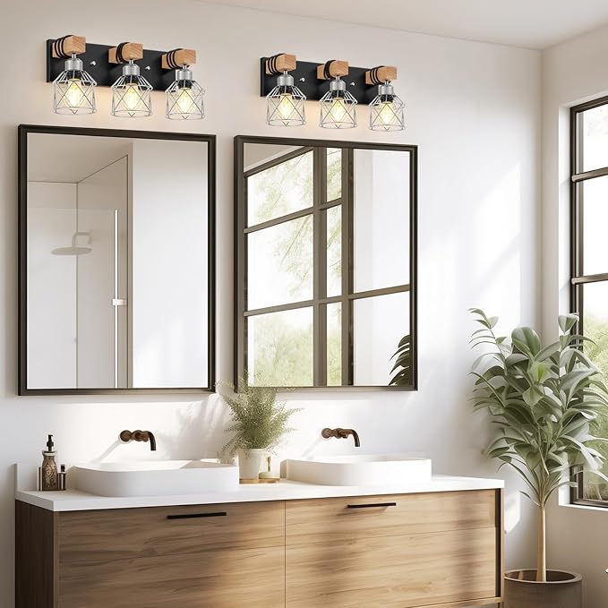 FadimiKoo 3-Light Wood Bathroom Light Fixtures Over Mirror, Rustic Black Silver - Image 7