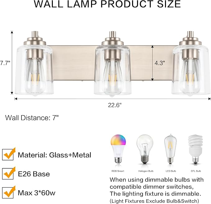 SOLFART Brushed Nickel Vanity Light Bathroom Light Fixtures Over Mirror 3 Light - Image 6