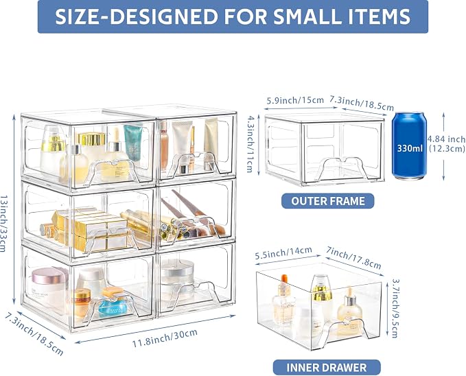 Plastic Drawers Storage, 6 Pack Clear Stackable Storage Drawers, Acrylic - Image 3