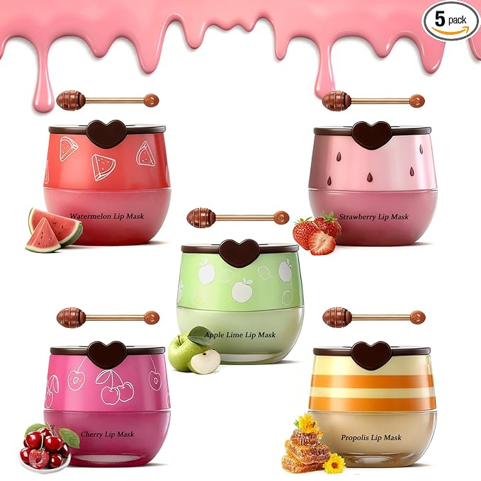 5PCS Bee Lip Balm Honey Pot，Honey&Strawberry&Watermelon&Cherry&Apple Lip Mask by Charm+Kiss