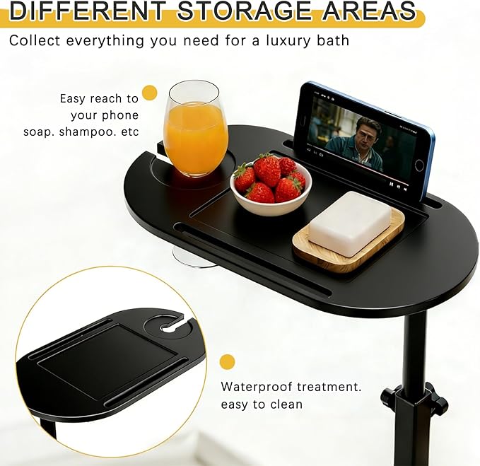 3-Tier Freestanding Bathtub Tray Table, Bamboo Swivel Bathtub Side Table - Image 3