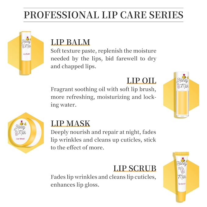 4 Piece Honey Milk Lip Mask Lip Balm Lip Scrub Lip Oil Lip Care Kit, - Image 4