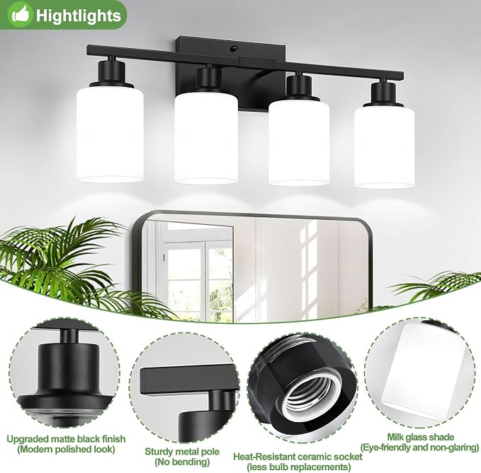 Indoi 4-Light Bathroom Light Fixtures, Matte Black Vanity Lights - Image 4