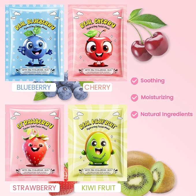 Kaely 12 Pack Fruit Face Masks for Kids, Kids Face Mask Spa Day Kit Supplies - Image 4