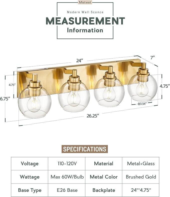 Bathroom Light Fixtures, 4 Light Brushed Gold Vanity Light, 26 Inch Modern Wall - Image 3