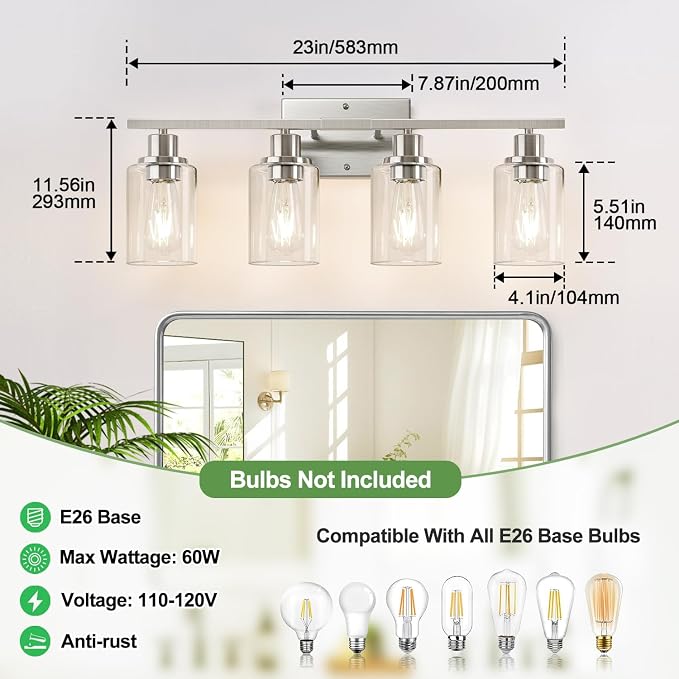 Indoi 4-Light Bathroom Light Fixtures, Brushed Nickel Vanity Lights - Image 8
