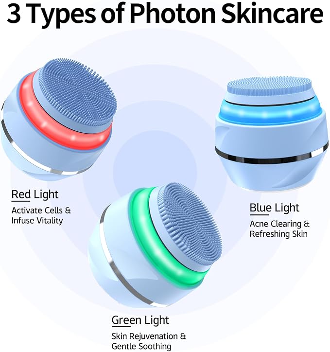 Face Scrubber, Waterproof Silicone Facial Cleansing Brush 6 Modes, 3 Light - Image 8