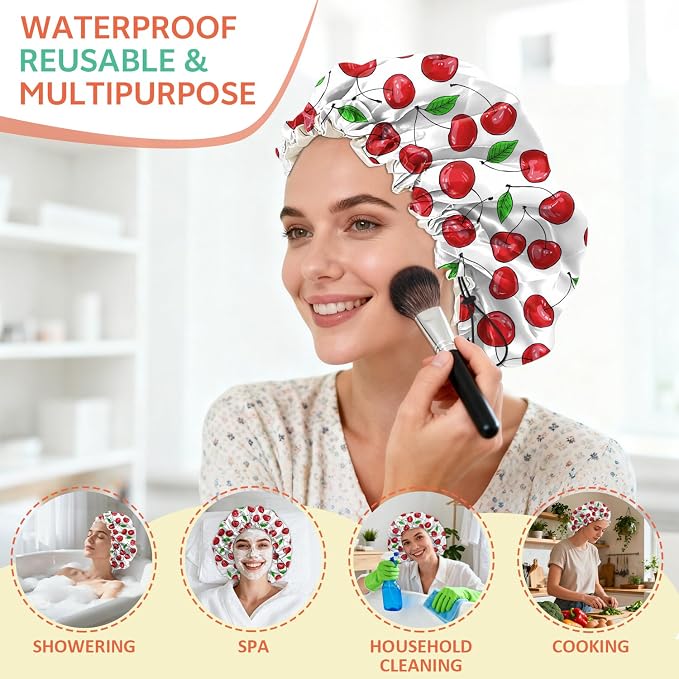 Shower Cap Reusable Double Layer Adjustable Elastic Waterproof EVA Hair Bath - Image 6