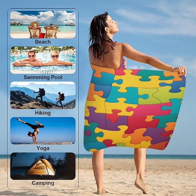 Colorful Jigsaw Puzzles Pattern Beach Towel Oversized Quick Dry Beach Blanket - Image 5