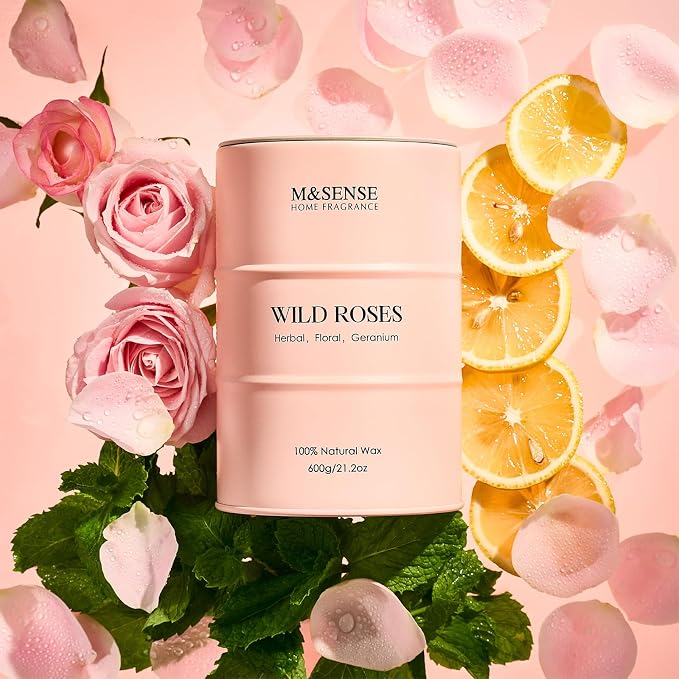 M&SENSE Wild Rose Large Natural Scented Candle, 120 Hours Long Lasting Soy - Image 2