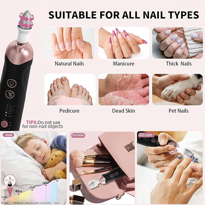 Professional Manicure Pedicure Kit, Cordless Electric Nail File Set, - Image 7