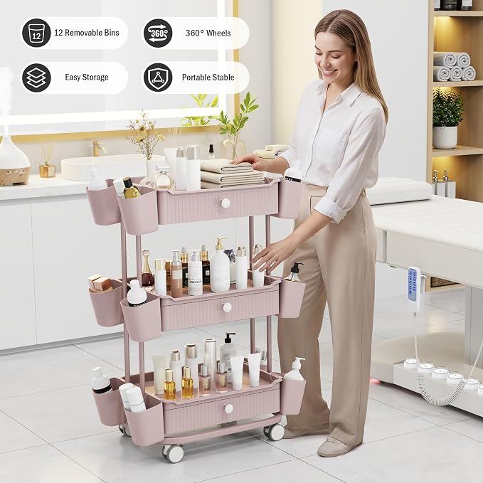 3 Tier Drawer Beauty Cart with 12 Movable Storage Organizer, Thickened ABS & - Image 3