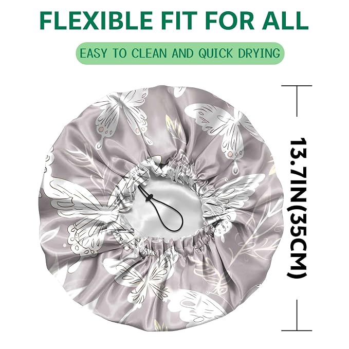 2 PCS Shower Cap Waterproof Double Layer Elastic Adjustable Reusable Hair Bath - Image 2