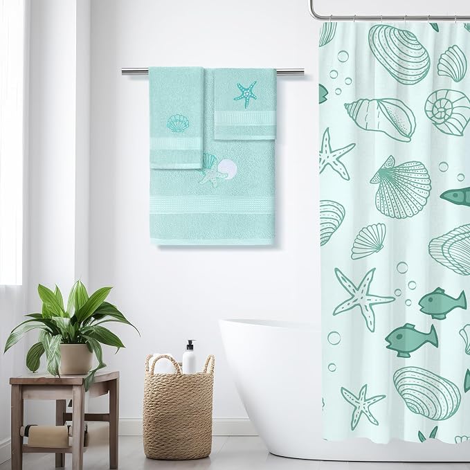 3 Pcs Coastal Seashell Bathroom Towel Set Farmhouse Embroidered Coastal - Image 3