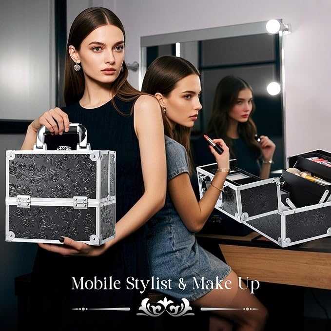 FRENESSA Makeup Train Case Cosmetic Box Portable Makeup Case Organizer 4 Trays - Image 6