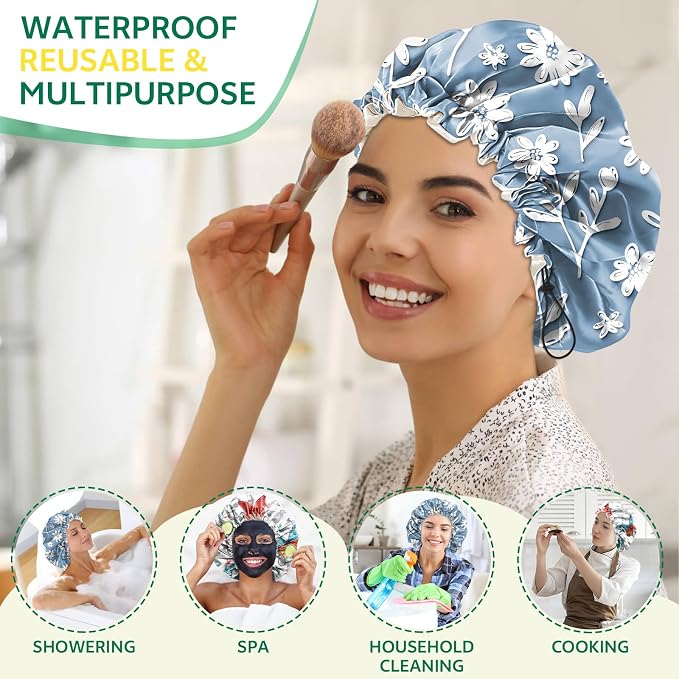 2 PCS Shower Cap Waterproof Double Layer Elastic Adjustable Reusable Hair Bath - Image 6