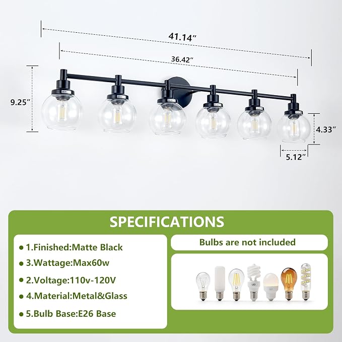 6-Light Bathroom Light Fixture Black Vanity Lights Over Mirror Modern Wall - Image 3
