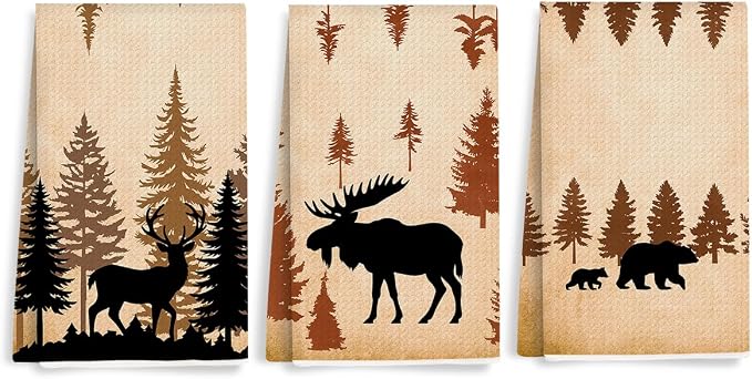 3PCS Wild Animal Deer Moose Bear Forest Camping Kitchen Towel by Unknown