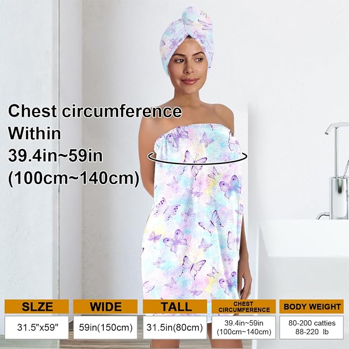 Women's Butterfly Print Towel Wrap and Hair Drying Cap Set – Pastel Microfiber - Image 3