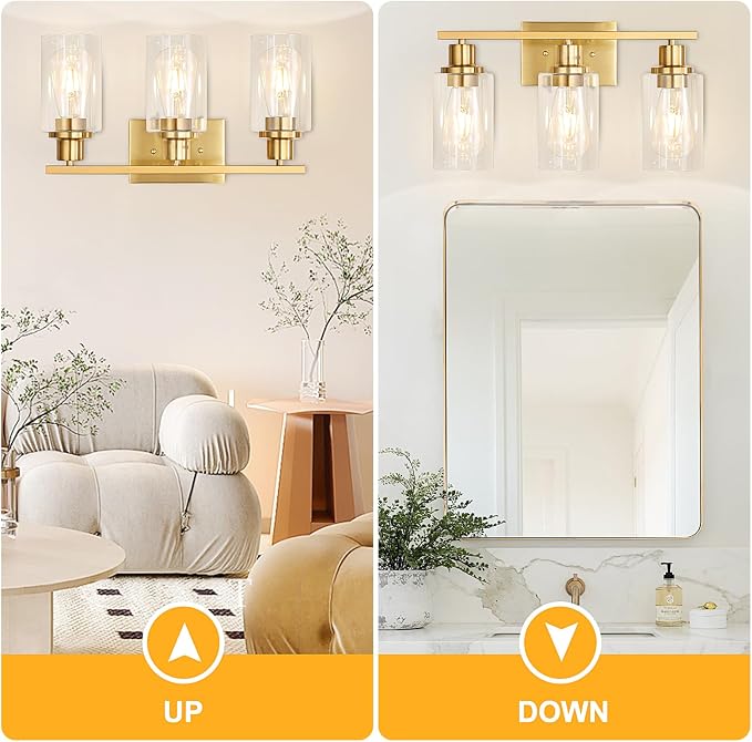 Gold Bathroom Wall Lights Brushed Brass 3-Light Vanity Light Fixtures Modern - Image 3