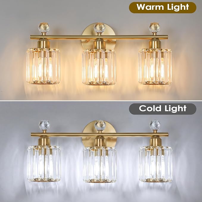 3-Light Gold Bathroom Light Fixtures Modern K9 Crystal Vanity Lights Wall Sconce - Image 2