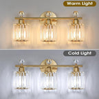 3-Light Gold Bathroom Light Fixtures Modern K9 Crystal Vanity Lights Wall Sconce - Image 2
