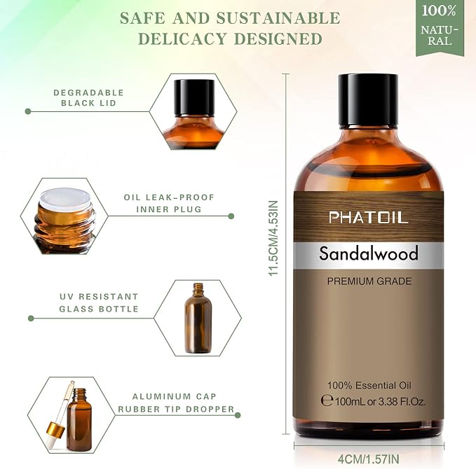PHATOIL 100ML Sandalwood Essential Oil, Pure Aromatherapy Essential Oils - Image 3