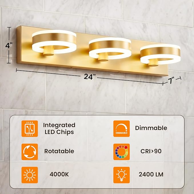 LED Bathroom Light Fixtures, 24inch Gold Vanity Lights, Modern 3 Light Acrylic - Image 2