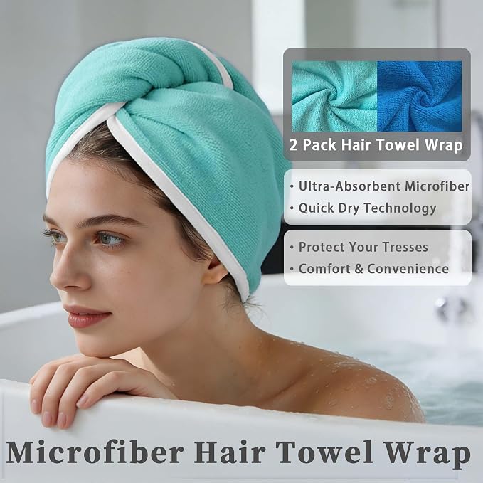 VOOVA & MOVAS Aqua & Blue Microfiber Hair Towel Wrap - Image 3