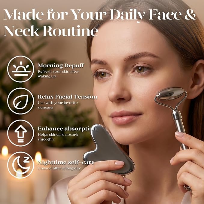 BAIMEI Stainless Steel Gua Sha & Face Roller Set, Facial Massage Tool - Image 3
