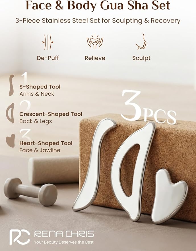 Rena Chris Gua Sha & Muscle Scraper Tool, Stainless Steel Body & Face Gua Sha - Image 2
