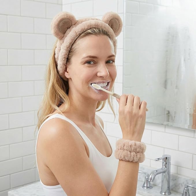 Bear Ears Headband, Cute Spa Headband and Wristband Set Washing Face Skincare - Image 2