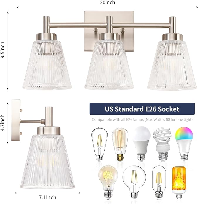 OCIOC Nickel Bathroom Vanity Light 3-Light Bathroom Light Fixtures Over Mirror - Image 3
