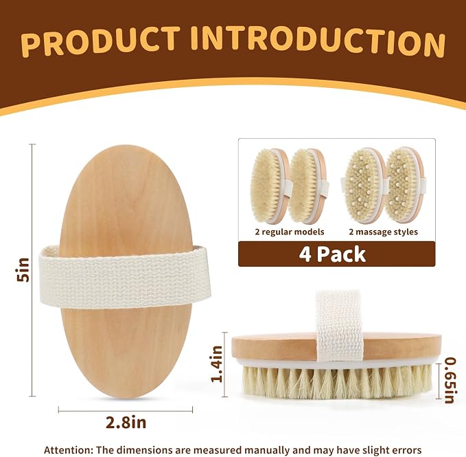 SAMEBUTECO 4 Pack Dry Body Brushing Brushes, Natural Bristle Exfoliating Scrub - Image 2