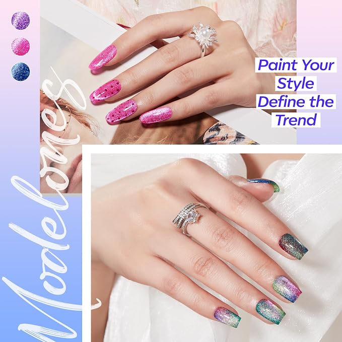 modelones Cat Eye Gel Nail Polish, 6 Colors Glitter Summer Red Pink Purple - Image 4