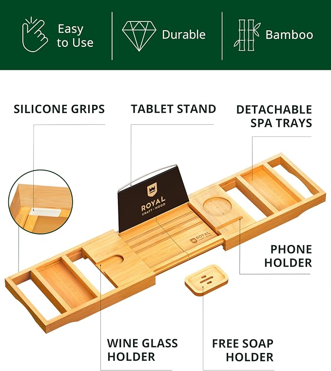 ROYAL CRAFT WOOD Premium Foldable Bathtub Tray Caddy - Image 5