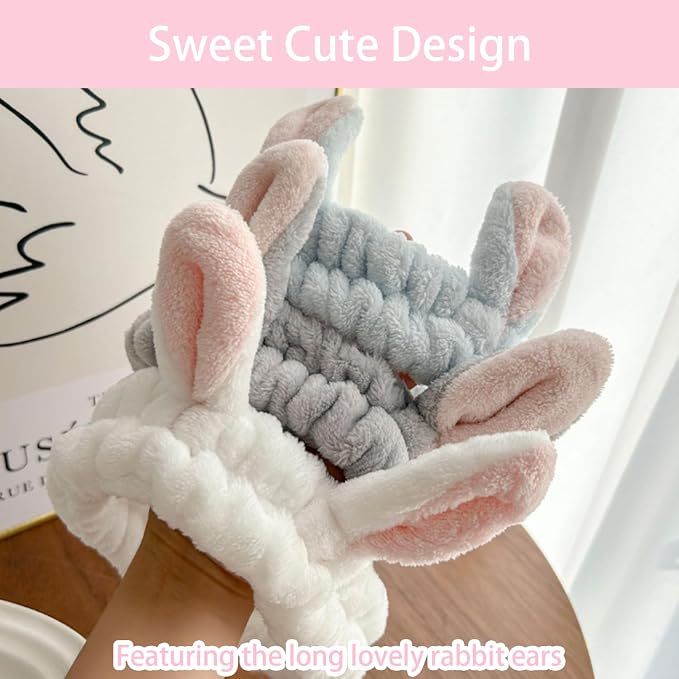 musejoy 2 Pcs Headband Bunny Ears Headband Cute Spa Headbands - Image 4