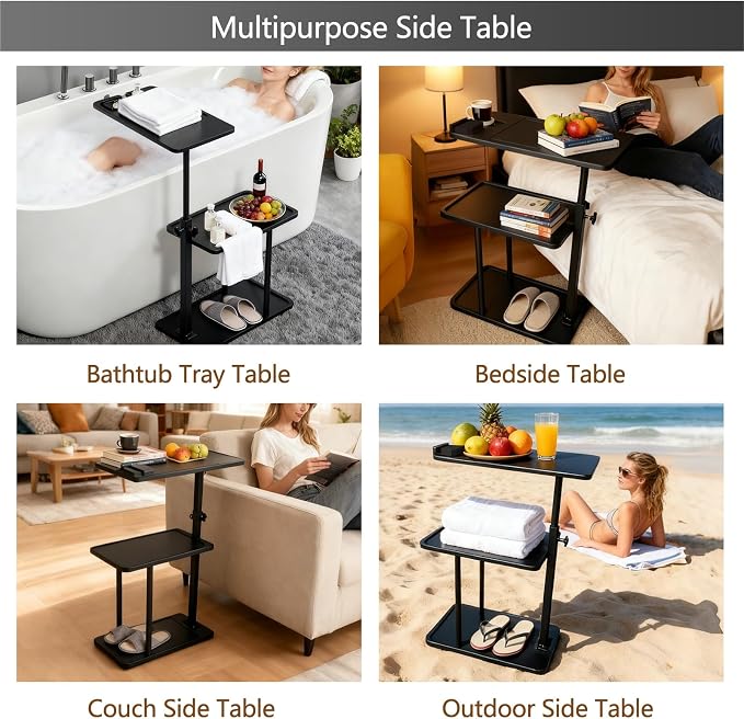 3 Layer Bathtub Tray Table, Bamboo Swivel Bathtub Side Table Height Adjustable - Image 7