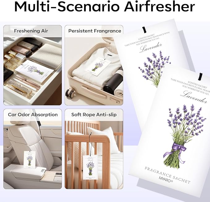 MYARO 12 Pack Lavender Scented Sachets | Odor Eliminator & Air Freshener - Image 3