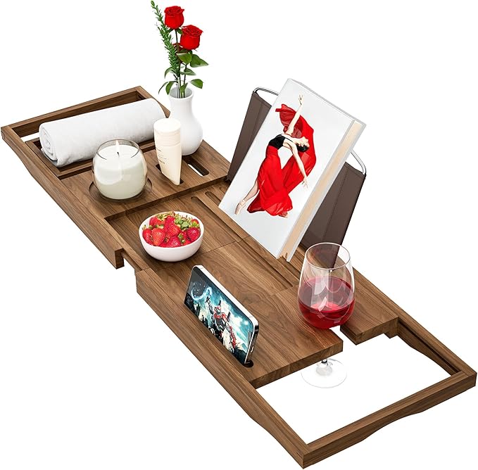 Premium Teak Bathtub Tray Caddy, Wooden Bath Caddy Trays by Banlilu