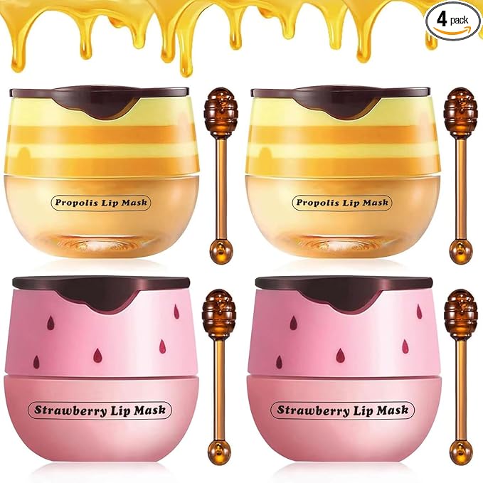 4PCS Strawberry & Bee Lip Balm Honey Pot, Vitamin E & Moisturizing Propolis by Alisesun